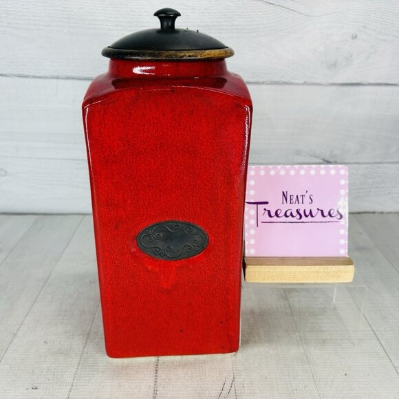 Pier 1 Brick Red Rustic India Earthenware 13" T Square Crackle Design Canister - Picture 1 of 16